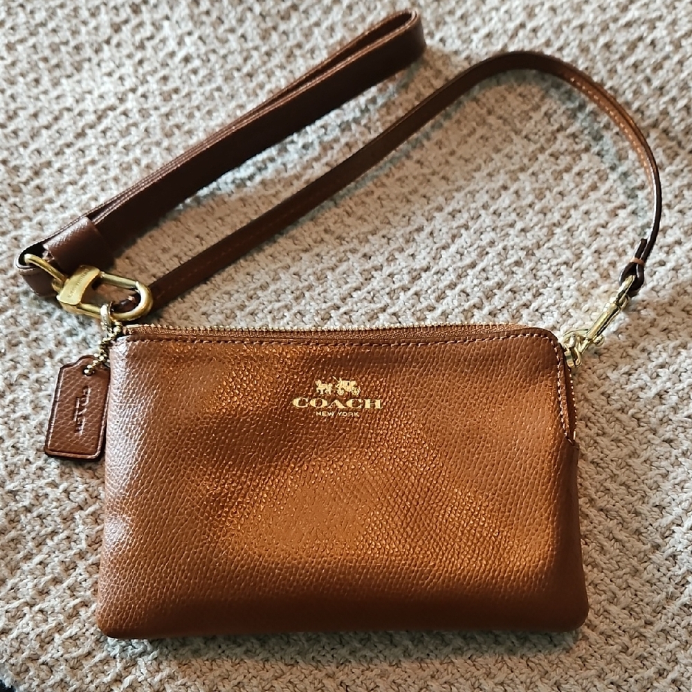 Coach Tan Leather Wristlet with Gold Accents
